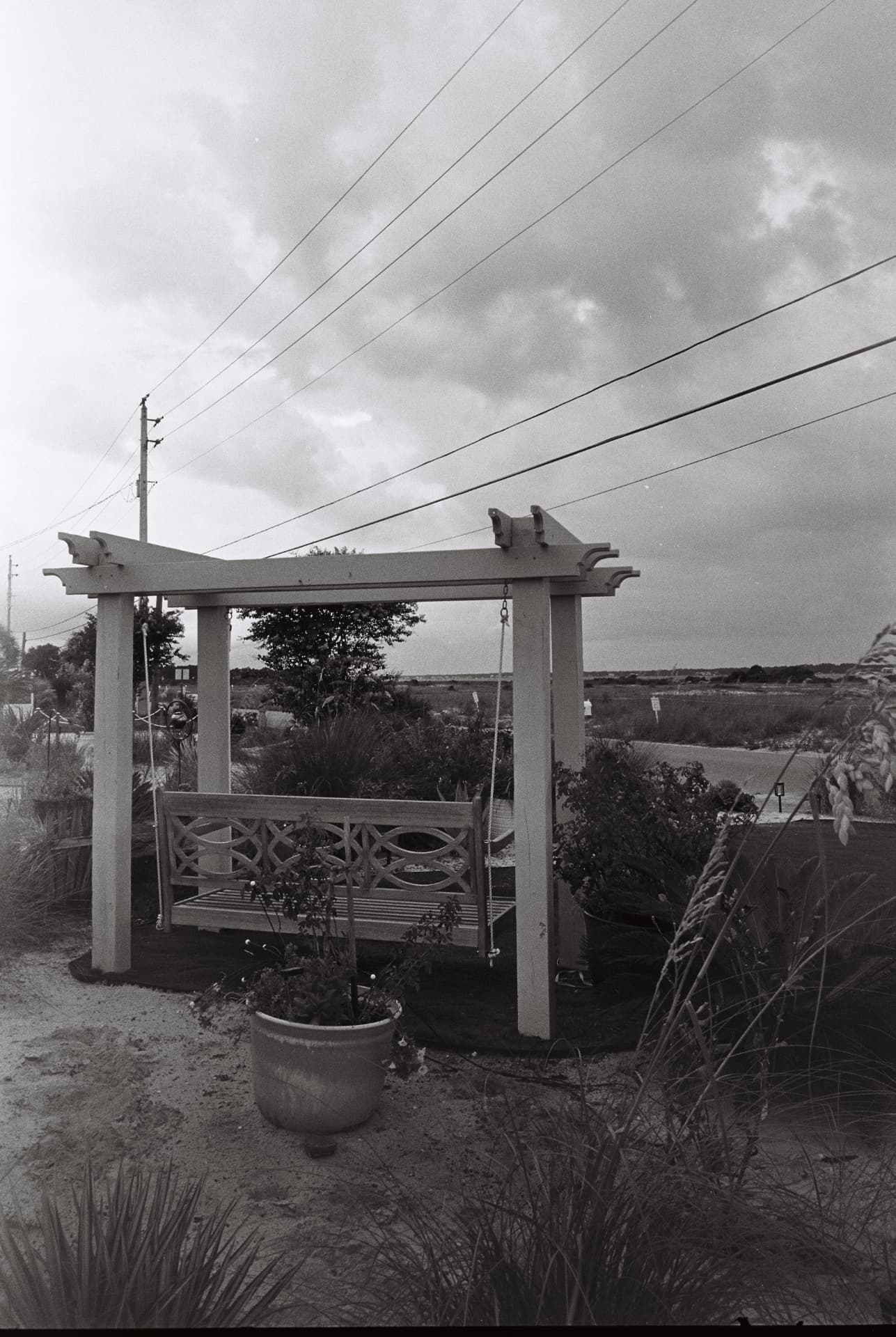 Black-and-white garden gate beneath an overcast sky and power lines